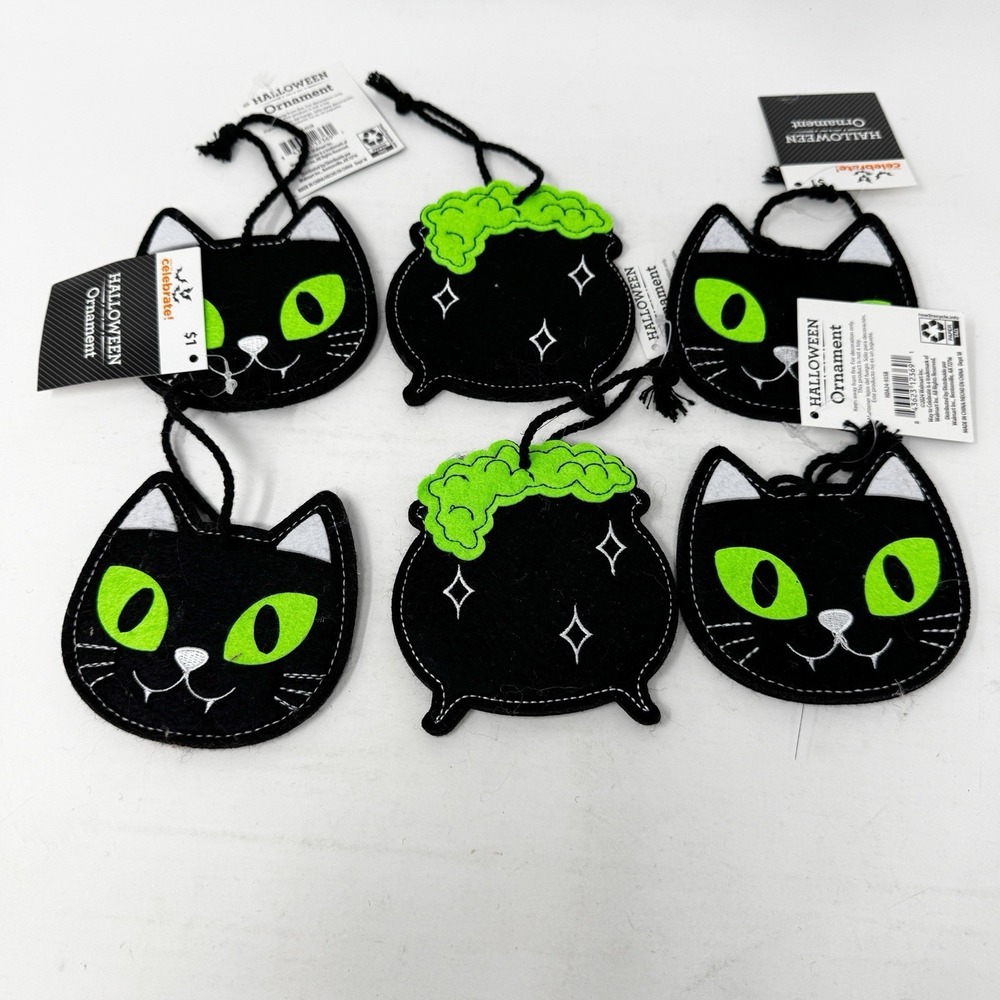 Halloween Way‎ to Celebrate CAULDRON Black Cat LOT of 6 FELT ORNAMENT Walmart